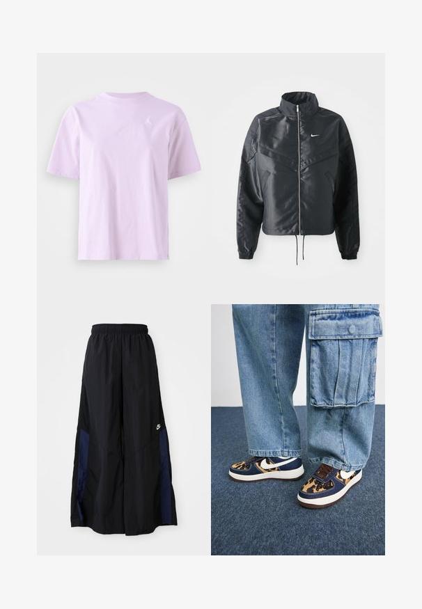 Giacca nera cropped con colletto alto, chiusura a zip, polsini in elastan e logo Nike bianco. Tessuto liscio e lucido con una superficie leggermente texturizzata.; T-shirt in cotone lavanda con maniche corte, scollatura rotonda e un piccolo logo bianco sul petto sinistro. Texture liscia e vestibilità rilassata.; Pantaloni neri a gamba larga realizzati in tessuto leggero, con un pannello laterale blu navy e una cintura elastica. Piccolo logo bianco sul fondo.; Sneaker blu navy con accenti in stampa leopardata, logo Nike bianco, lacci marroni e suola intermedia bianca. Abbinati a pantaloni cargo in denim chiaro.