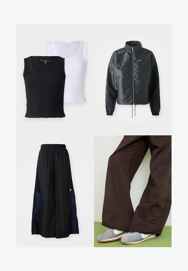Fekete, rövidített dzseki magas gallérral, cipzáras záródással, elasztikus mandzsettákkal, és fehér Nike logóval. Simább, fényes anyag, enyhén textúrázott felülettel.; Két pamut topp, az egyik fekete, a másik fehér. Mindkettő bordás textúrával, széles nyakkivágással és testhezálló szabással rendelkezik.; Fekete, bő szárú nadrág könnyű anyagból, tengerészkék oldalsó panellel és elasztikus derékkal. Kicsi fehér logó az alján.; Barna széles lábú nadrág sima textúrával és oldalsó varrással, szürke és fehér retró stílusú edzőcipőkkel, amelyek gumitalpúak.