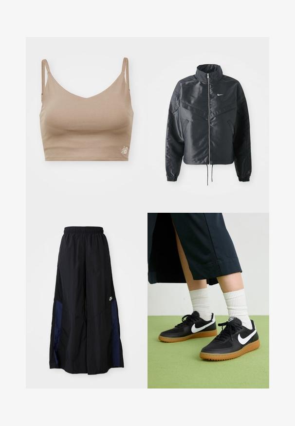Černá zkrácená bunda s vysokým límcem, zipovým zapínáním, elastickými manžetami a bílým logem Nike. Hladká, lesklá látka s mírně strukturovaným povrchem.; New Balance HARMONY LIGHT SUPPORT - Top - mushroom; Černé kalhoty širokého střihu vyrobené z lehkého materiálu, s námořnickou modrou bočním panelem a elastickým pasem. Malé bílé logo na spodní části.; Černé kožené a syntetické tenisky s bílým logem Nike, gumovou podrážkou, kulatou špičkou a černými tkaničkami. Viditelné žebrované bílé ponožky.