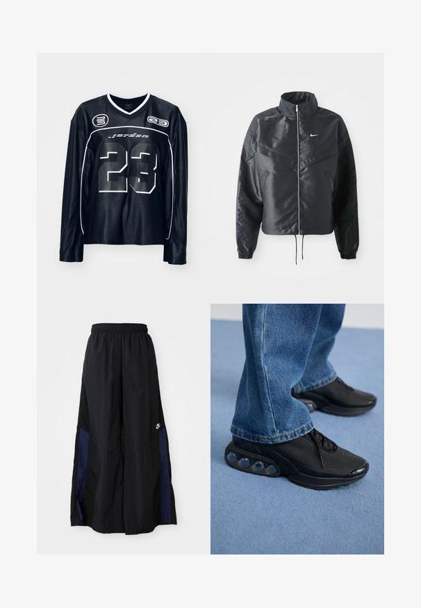 Fekete, rövidített dzseki magas gallérral, cipzáras záródással, elasztikus mandzsettákkal, és fehér Nike logóval. Simább, fényes anyag, enyhén textúrázott felülettel.; Hosszú ujjú fekete mez fehér kiemelésekkel, amelyen a "23" szám hangsúlyosan szerepel az elején, sima, könnyű anyagból készült.; Fekete, bő szárú nadrág könnyű anyagból, tengerészkék oldalsó panellel és elasztikus derékkal. Kicsi fehér logó az alján.; Fekete sportcipők hálós felsőrésszel, textúrázott részletekkel és a talpban látható lég párnázó zsebekkel. Kék farmernadrággal viselve.