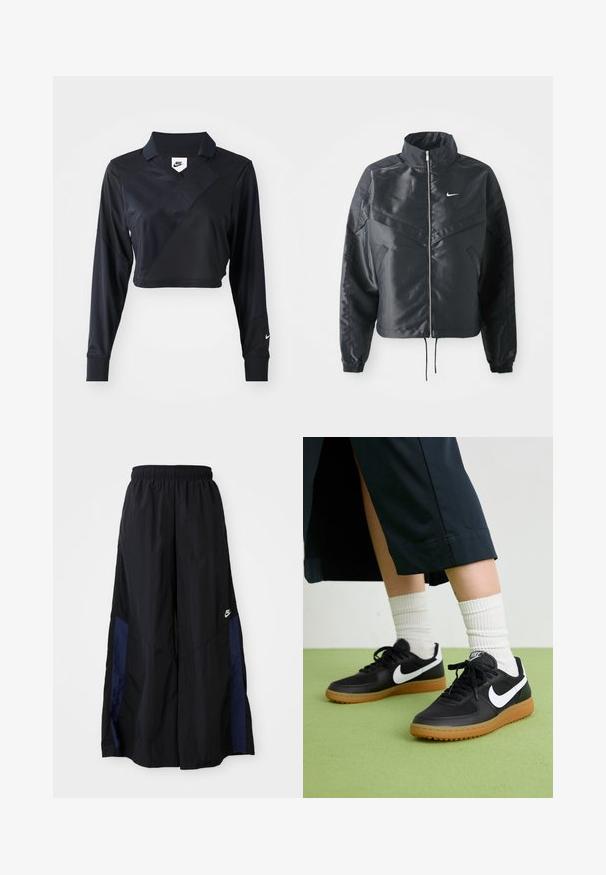 Svart cropped jakke med høy krage, glidelåsåpning, elastiske mansjetter og en hvit Nike-logo. Glatt, shiny stoff med en lett teksturert overflate.; Svart langermet croppete polo-skjorte med V-hals, med diagonale sømmer, glatt tekstur og Nike-logo på ermene.; Svarte vide bukser laget av lett stoff, med et marineblått sidestykke og elastisk midjebånd. Liten hvit logo nederst.; Sorte lær- og syntetiske joggesko med hvit Nike swoosh, gummisåle, rund tå og sorte lisser. Ribbet hvite sokker synlige.