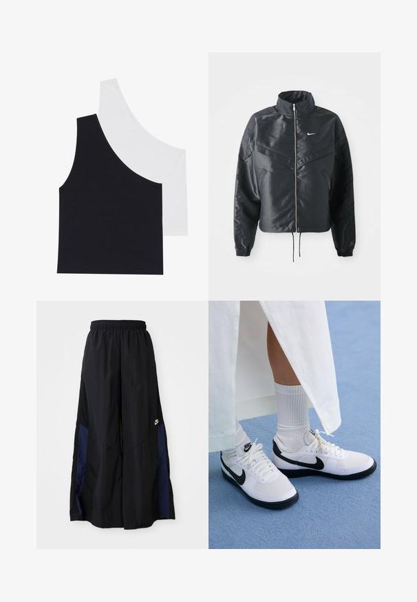 Black cropped jacket with high collar, zip closure, elastane cuffs, and a white Nike logo. Smooth, shiny fabric with a slightly textured surface.; Black and white ribbed tank tops with an asymmetric neckline; soft cotton blend fabric; fitted design; no visible hardware or patterns.; Black wide-leg pants made of lightweight fabric, featuring a navy blue side panel and an elastic waistband. Small white logo on bottom.; White Nike sneakers with black accents, featuring a smooth leather upper, white laces, and sturdy rubber outsoles, paired with white ribbed socks.