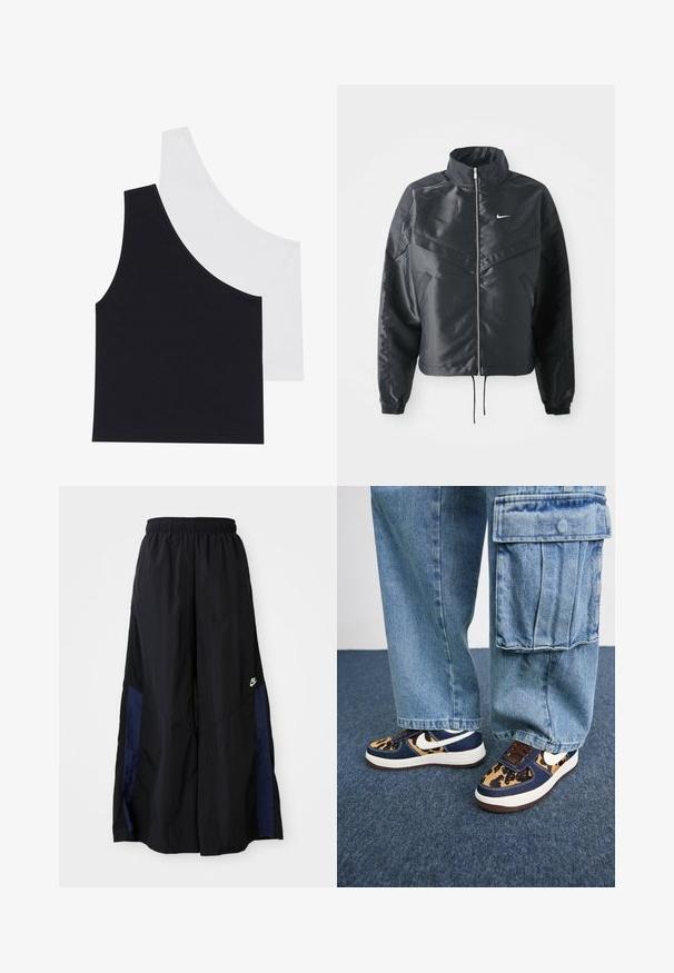 Black cropped jacket with high collar, zip closure, elastane cuffs, and a white Nike logo. Smooth, shiny fabric with a slightly textured surface.; Black and white ribbed tank tops with an asymmetric neckline; soft cotton blend fabric; fitted design; no visible hardware or patterns.; Black wide-leg pants made of lightweight fabric, featuring a navy blue side panel and an elastic waistband. Small white logo on bottom.; Navy blue sneakers with leopard print accents, white Nike swoosh, brown laces, and white midsole. Paired with light denim cargo pants.