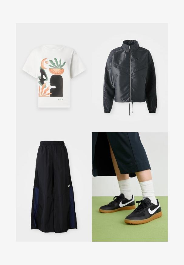 Jachetă croppată neagră cu guler înalt, închidere cu fermoar, manșete din elastan și un logo alb Nike. Material neted, lucios, cu o suprafață ușor texturată.; Tricou alb cu artă abstractă, având silueta unui cap negru, o plantă verde într-un bol portocaliu pe cap, forme portocalii și verzi, și logo-ul "RVCA".; Pantaloni negri cu croi larg, confecționați dintr-un material ușor, având un panou lateral albastru marin și un brâu elastic. Logo mic alb în partea de jos.; Sneakers negre din piele și material sintetic cu logo-ul alb Nike, talpă din cauciuc, vârful rotund și șireturi negre. Șosete albe cu nervuri vizibile.