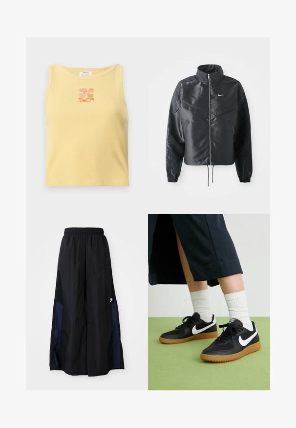 Zwarte cropped jack met hoge kraag, ritsluiting, elastische manchetten en een wit Nike-logo. Glad, glanzend materiaal met een licht gestructureerd oppervlak.; Geel geribde tanktop met een klein, geborduurd bloemenlogo in oranje in het midden. Eenvoudig, mouwloos ontwerp met een ronde halslijn.; Zwarte wijdlopende broek van lichtgewicht stof, met een marineblauwe zijpaneel en een elastische tailleband. Klein wit logo onderaan.; Zwarte leren en synthetische sneakers met witte Nike swoosh, rubberen gumzool, ronde neus en zwarte veters. Geribbelde witte sokken zichtbaar.
