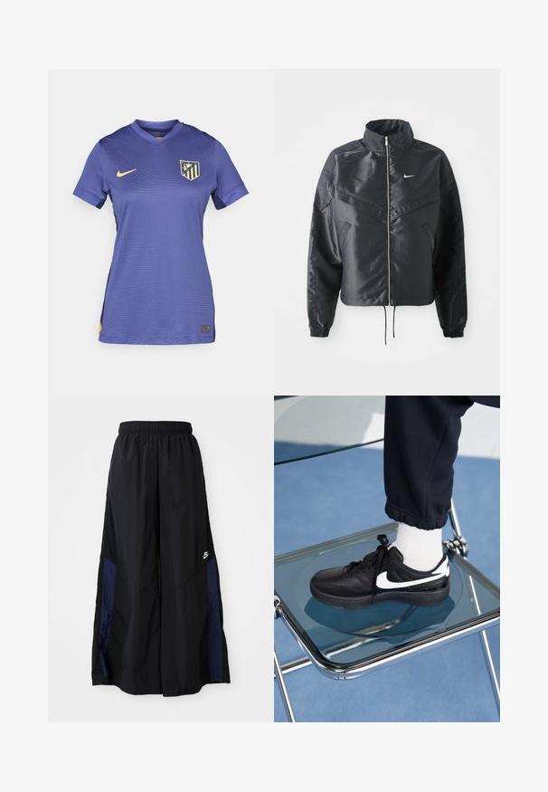 Jachetă croppată neagră cu guler înalt, închidere cu fermoar, manșete din elastan și un logo alb Nike. Material neted, lucios, cu o suprafață ușor texturată.; Tricou de fotbal violet cu decolteu în V, mâneci scurte, având un logo Nike galben și un semn distinctiv în dungi multicolore pe piept.; Pantaloni negri cu croi larg, confecționați dintr-un material ușor, având un panou lateral albastru marin și un brâu elastic. Logo mic alb în partea de jos.; Adidași negri Nike cu accente albe, cu o textură de piele netedă, design cu șireturi și vârf rotunjit, așezați pe un scaun din sticlă.