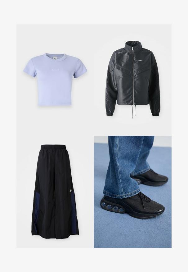 Černá zkrácená bunda s vysokým límcem, zipovým zapínáním, elastickými manžetami a bílým logem Nike. Hladká, lesklá látka s mírně strukturovaným povrchem.; Světle fialové strukturované bavlněné tričko s krátkým rukávem a kulatým výstřihem. Obsahuje jemně vyšitý logo na přední straně.; Černé kalhoty širokého střihu vyrobené z lehkého materiálu, s námořnickou modrou bočním panelem a elastickým pasem. Malé bílé logo na spodní části.; Černé sportovní tenisky s síťovaným svrškem, texturovanými akcenty a viditelnými vzduchovými polštářky v podešvi. Nosené s modrými denimovými džíny.