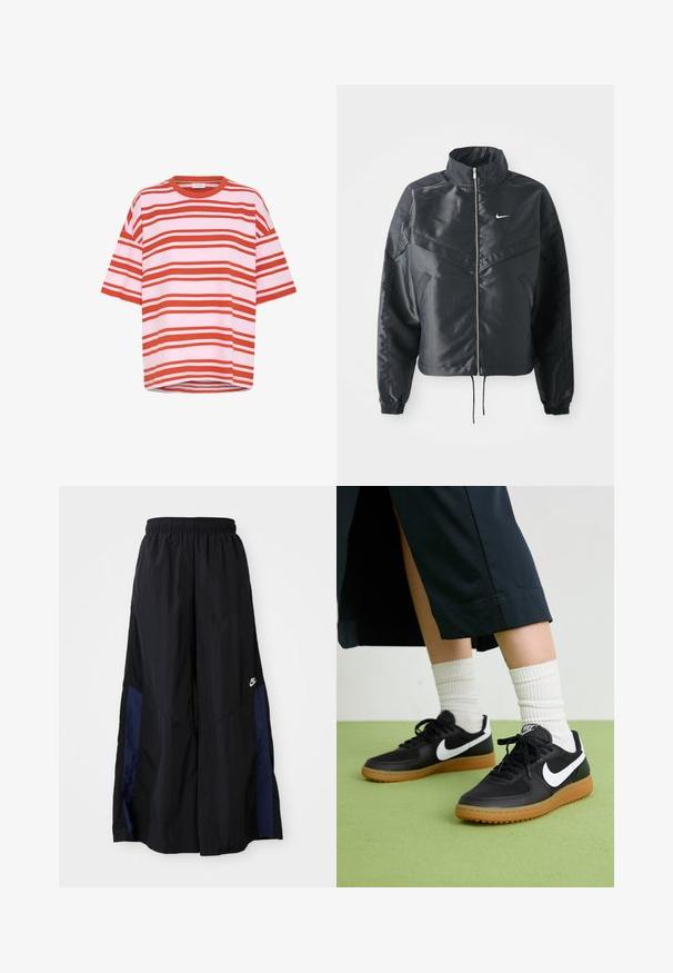 Mustat lyhyet takit, joissa on korkea kaulus, vetoketjukiinnitys, elastaanista valmistetut hihan suut ja valkoinen Nike-logo. Sileä, kiiltävä kangas, jossa on hieman tekstuuria.; Punainen ja valkoinen raidallinen lyhythihainen t-paita, valmistettu pehmeästä kankaasta rentoa istuvuutta ja pyöreää kaula-aukkua varten, jossa on vaakaraitoja.; Musta leveälahkeinen housu, joka on valmistettu kevyestä kankaasta. Housuissa on tummansininen sivupaneeli ja joustava vyötärö. Alhaalla on pieni valkoinen logo.; Mustat nahka- ja synteettiset urheilukengät, joissa on valkoinen Nike-merkki, kuminen pohja, pyöreä kärki ja mustat nauhat. Raitapintaiset valkoiset sukat näkyvissä.