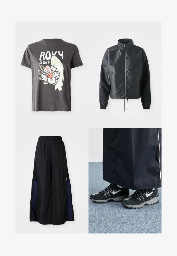Jachetă croppată neagră cu guler înalt, închidere cu fermoar, manșete din elastan și un logo alb Nike. Material neted, lucios, cu o suprafață ușor texturată.; Tricou din bumbac gri, cu un grafic alb reprezentând un pește și o floare hibiscus cu detalii roșii, manșete scurte și guler rotund.; Pantaloni negri cu croi larg, confecționați dintr-un material ușor, având un panou lateral albastru marin și un brâu elastic. Logo mic alb în partea de jos.; Pantofi sport negri cu un superior texturat, accente argintii și o talpă cu model, asortați cu o haină lungă neagră. Așezat pe un covor albastru.