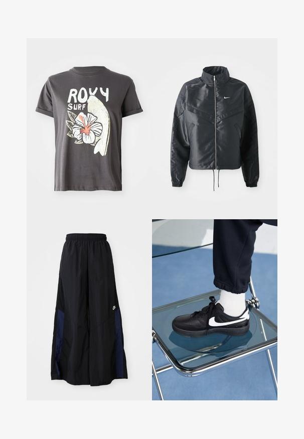 Zwarte cropped jack met hoge kraag, ritsluiting, elastische manchetten en een wit Nike-logo. Glad, glanzend materiaal met een licht gestructureerd oppervlak.; Grijze katoenen t-shirt met een witte grafische afbeelding van een vis en een hibiscusbloem met rode details, korte mouwen en een ronde hals.; Zwarte wijdlopende broek van lichtgewicht stof, met een marineblauwe zijpaneel en een elastische tailleband. Klein wit logo onderaan.; Zwarte Nike sneakers met witte accenten, met een gladde leren textuur, vetersluiting en ronde neus, geplaatst op een glazen stoel.