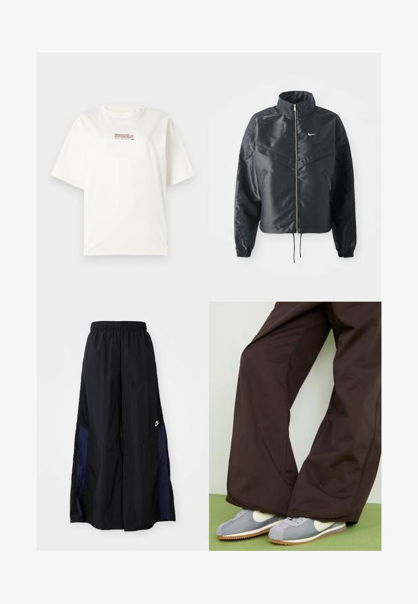 Chaqueta negra corta con cuello alto, cierre de cremallera, puños de elastano y un logo de Nike en blanco. Tejido suave y brillante con una superficie ligeramente texturizada.; Camiseta blanca de cuello redondo y mangas cortas, con un pequeño logotipo en rojo y marrón en el centro delantero. Fabricada en material de algodón.; Pantalones de pierna ancha negros, confeccionados en una tela ligera, con un panel lateral azul marino y una cinturilla elástica. Logotipo blanco pequeño en la parte inferior.; Pantalones de pierna ancha marrones con textura suave y detalles en las costuras laterales, combinados con zapatillas de estilo retro en gris y blanco con suela de goma.