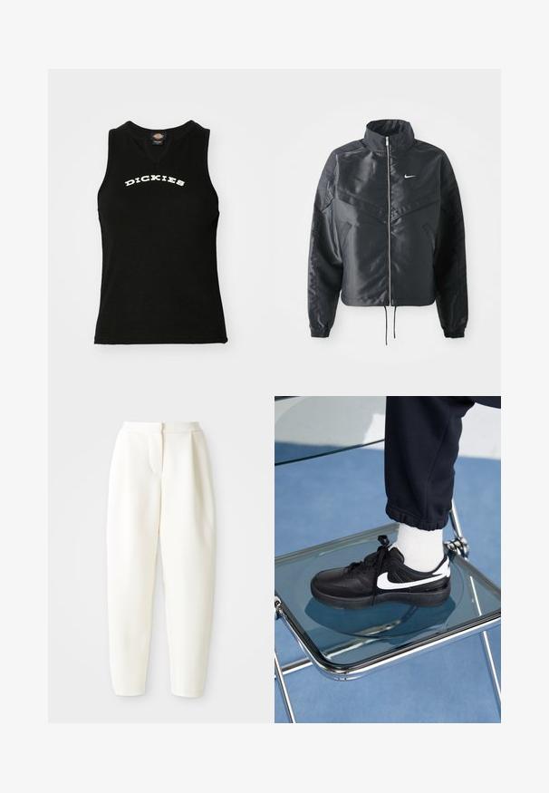 Mustat lyhyet takit, joissa on korkea kaulus, vetoketjukiinnitys, elastaanista valmistetut hihan suut ja valkoinen Nike-logo. Sileä, kiiltävä kangas, jossa on hieman tekstuuria.; Musta ilmanhiha tanktoppi, jossa on vammattua tekstiä, ja rinnassa valkoinen kaareva "DICKIES"-logo sekä V-pääntie.; Valkoiset korkeavyötäröiset kapenevat housut, joissa on piilovetoketju edessä ja sivutaskut, esiteltynä yksinkertaista valkoista taustaa vasten.; Mustat Nike-tennarit valkoisilla yksityiskohdilla, joissa on sileä nahkapinta, nauhakiinnitys ja pyöreä varvas, aseteltuna lasituolille.