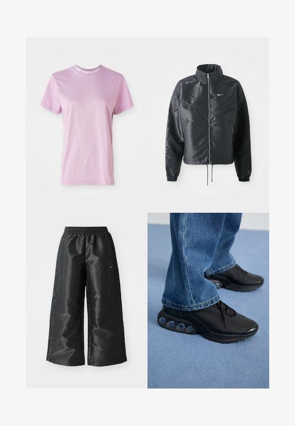 Must kolledžiga must lühike jope, millel on lukuga sulgus, elastne mansett ja valge Nike logo. Sile, läikiv kangas, millel on veidi tekstureeritud pind.; Hele roosa lühikeste varrukatega t-särk ümmarguse kaelusega, millel kaeluses valge kiri "THE NORTH FACE". Pehme puuvillane materjal.; Mustad mustad sportsipüksid läikiva, siledaga kangaga, pa elastse vöökoha, laia sääre ja väikese logoga vasakul küljel.; Mustad mustandid jooksujalatsid, millel on võrkmaterjalist ülemine osa, tekstuuriga detailid ja nähtavad õhkpadjad tallas. Kandmine siniste teksadega.