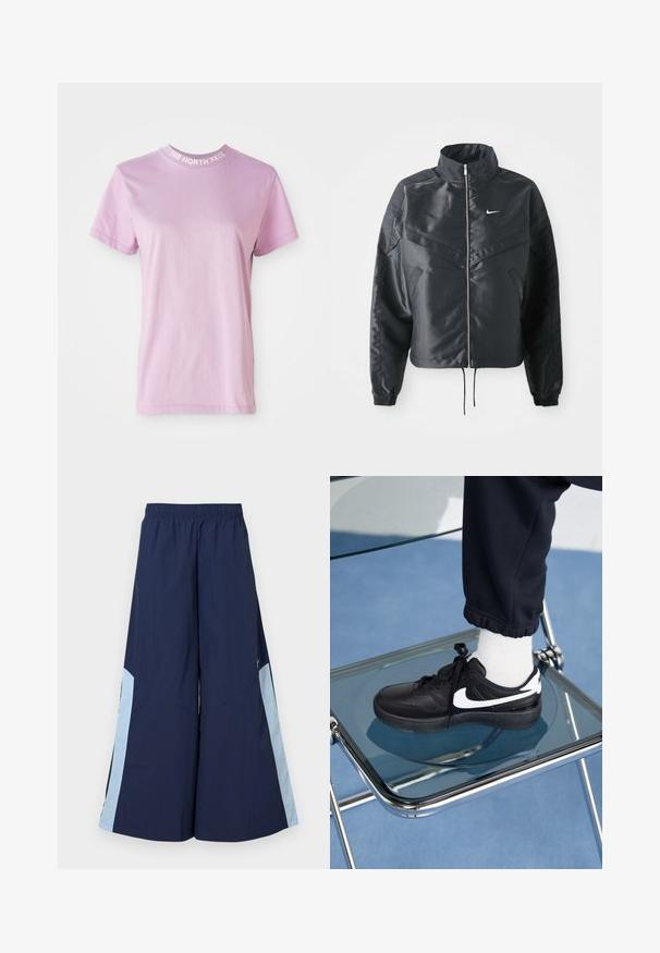 Czarna krótka kurtka z wysokim kołnierzem, zamek błyskawiczny, ściągacze z elastanu i białe logo Nike. Gładki, błyszczący materiał o lekko teksturowanej powierzchni.; Jasnoróżowa koszulka z krótkim rękawem, okrągłym dekoltem, z białym napisem "THE NORTH FACE" na kołnierzyku. Wykonana z miękkiej bawełny.; Granatowe spodnie typu wide-leg z elastycznym paskiem w talii, z jasnoniebieskimi panelami bocznymi i gładką fakturą. Zaprojektowane z myślą o komforcie i swobodzie ruchów.; Czarne sneakersy Nike z białymi akcentami, charakteryzujące się gładką skórzaną teksturą, zawiązywaną konstrukcją i zaokrąglonym noskiem, umieszczone na szklanym krześle.