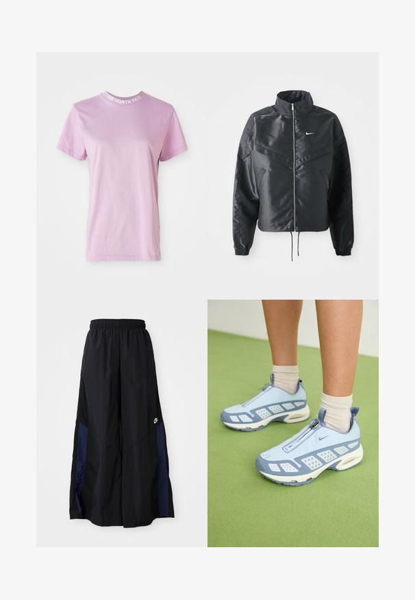 Zwarte cropped jack met hoge kraag, ritsluiting, elastische manchetten en een wit Nike-logo. Glad, glanzend materiaal met een licht gestructureerd oppervlak.; Lichtroze t-shirt met korte mouwen en een ronde hals, met de tekst "THE NORTH FACE" in het wit op de kraag. Zacht katoen materiaal.; Zwarte wijdlopende broek van lichtgewicht stof, met een marineblauwe zijpaneel en een elastische tailleband. Klein wit logo onderaan.; Lichtblauwe sportieve schoenen met witte accenten, textuurpanelen en een ritsluiting. Voorzien van een zichtbare luchtkussenzool en een rubberen buitenzool.