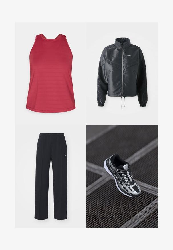 Sort cropped jakke med høj krave, lynlås lukning, elastiske manchetter og et hvidt Nike-logo. Glat, blankt stof med en let struktureret overflade.; Rød ærmeløs sports top med høj hals og netpaneler på skuldrene, designet til kvinder.; Sorte Nike joggerbukser med elastisk talje og sidelommer, med et lille hvidt logo på venstre ben og et lige pasform design. ; Nike løbesko med en sort og sølv farveskema, mesh-overdel, tekstureret sål og snøresystem for sikker pasform.