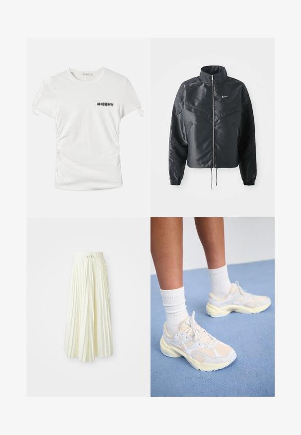 Črna skrajšana jakna z visokim ovratnikom, zadrgo, elastan rokavi in belim logotipom Nike. Gladek, sijoč material z rahlo teksturirano površino.; Bela kratka majica s kratkimi rokavi z stranskim gubanjem in napisom "MISBHV" v zamegljenih črnih črkah na levi prsni strani.; Plisirana midi krila iz svetlo rumenega blaga, ki ima elastičen pas z vezalko, gladko teksturo in vertikalne črte za dodatne podrobnosti.; Sodobni atletski čevlji v svetlo rumeni in beli barvi, ki vključujejo mrežaste in sintetične materiale, zaobljeno obliko in teksturirane podplate.