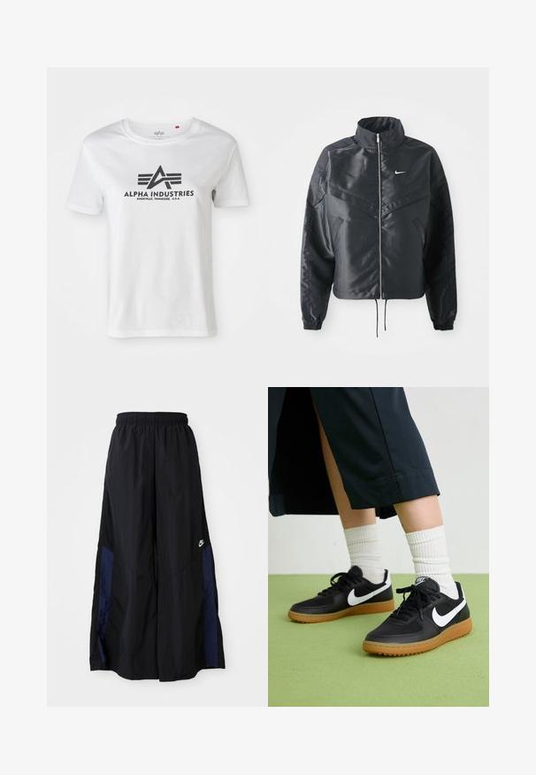 Casaco preto curto com colarinho alto, fecho de zip, punhos em elastano e um logótipo Nike branco. Tecido suave e brilhante com uma superfície ligeiramente texturizada.; T-shirt de algodão branca de manga curta com um logótipo impresso a preto com asas e o texto "ALPHA INDUSTRIES", design de gola redonda e ajuste relaxado.; Calças largas pretas feitas de tecido leve, com um painel lateral azul-marinho e cintura elástica. Pequeno logótipo branco na parte inferior.; Sapatilhas pretas em couro e sintético com o logo da Nike em branco, sola de borracha tipo goma, bico redondo e atacadores pretos. Meias brancas com frunces visíveis.