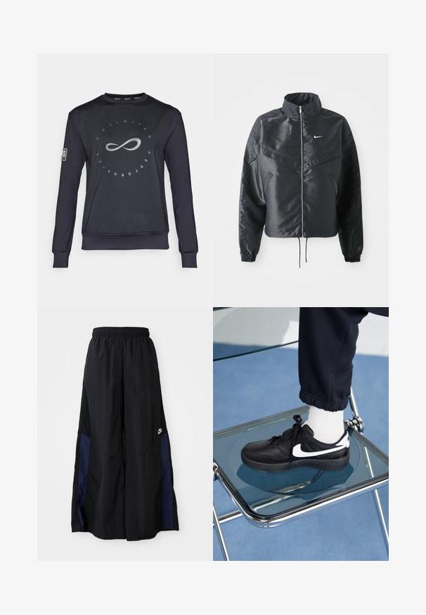 Giacca nera cropped con colletto alto, chiusura a zip, polsini in elastan e logo Nike bianco. Tessuto liscio e lucido con una superficie leggermente texturizzata.; Endless INNER TECH - Maglietta a manica lunga - black; Pantaloni neri a gamba larga realizzati in tessuto leggero, con un pannello laterale blu navy e una cintura elastica. Piccolo logo bianco sul fondo.; Sneakers Nike neri con accenti bianchi, caratterizzati da una superficie in pelle liscia, design con lacci e punta rotonda, posizionati su una sedia di vetro.