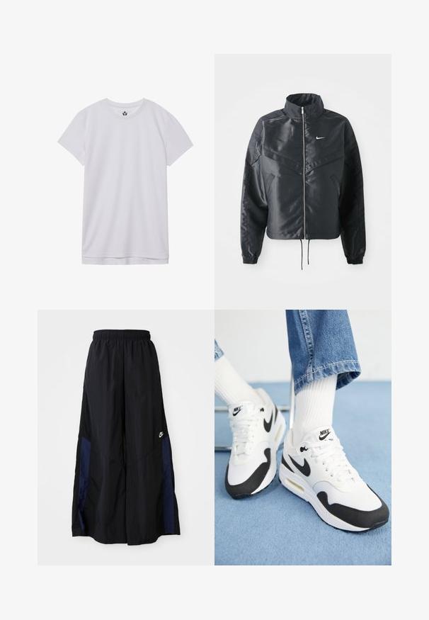 Czarna krótka kurtka z wysokim kołnierzem, zamek błyskawiczny, ściągacze z elastanu i białe logo Nike. Gładki, błyszczący materiał o lekko teksturowanej powierzchni.; Biała koszulka z krótkim rękawem i okrągłym dekoltem. Wykonana z miękkiej tkaniny, posiada prosty dół, minimalne szwy oraz małe logo na dekolcie.; Czarne spodnie szerokie wykonane z lekkiego materiału, z granatowym bocznym panelem i elastycznym paskiem w talii. Małe białe logo na dole.; Sneakers Nike Air Max w kolorze białym i czarnym, z siateczkową cholewką, amortyzowaną podeszwą i charakterystycznymi akcentami z logo. Teksturowane detale w pobliżu podeszwy.