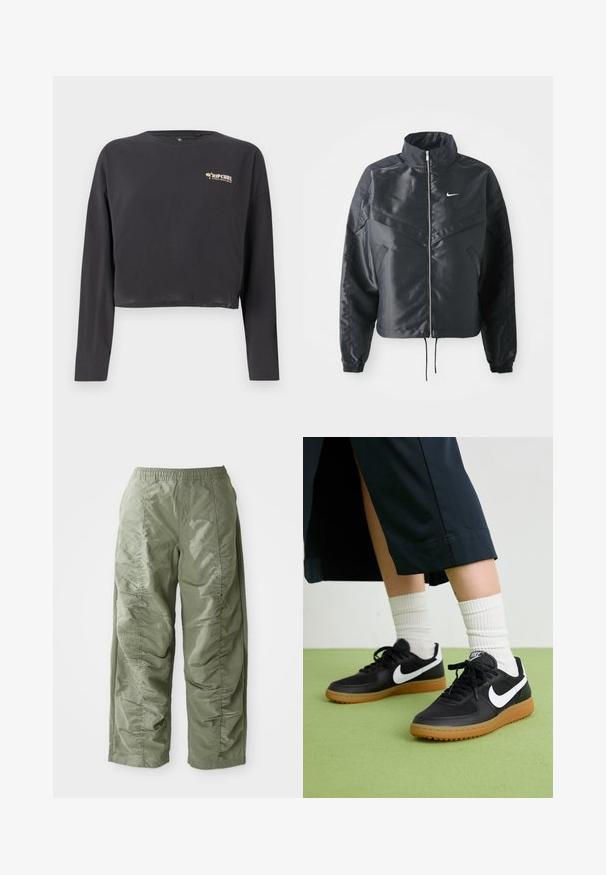 Melna apgriezta jaka ar augstu apkakli, rāvējslēdzēja aizdari, elastīna aprocēm un baltu Nike logo. Gluda, spīdīga auduma ar nedaudz teksturētu virsmu.; Tumša pelēka kokvilnas krekla ar garām piedurknēm, kas ir īsāks, ar mazu, daudzkrāsainu Rip Curl logotipu uz krūtīm un brīvu piegriezumu.; Oliņu zaļi, viegli bikses ar elastīgu jostu, ar savilktu tekstūru pa sāniem un platām kājām.; Melna āda un sintētiska materiāla sporta apavi ar baltu Nike logo, gumijas zole, apaļa purngala forma un melni šņores. Redzamas ribotas baltas zeķes.