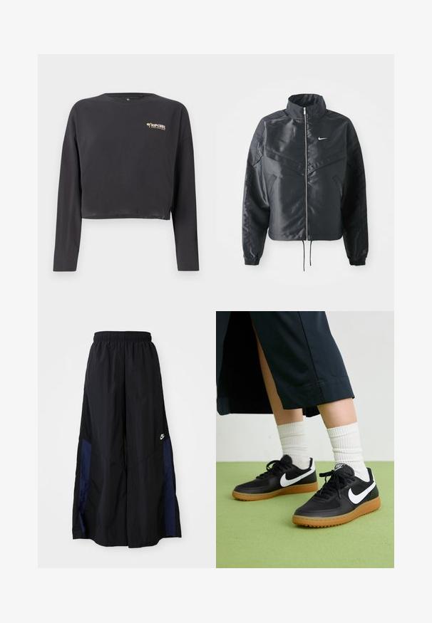 Black cropped jacket with high collar, zip closure, elastane cuffs, and a white Nike logo. Smooth, shiny fabric with a slightly textured surface.; Cropped long-sleeve t-shirt in dark gray cotton, features a small, multicolored Rip Curl logo on the chest and a relaxed fit.; Black wide-leg pants made of lightweight fabric, featuring a navy blue side panel and an elastic waistband. Small white logo on bottom.; Black leather and synthetic sneakers with white Nike swoosh, rubber gum sole, round toe, and black laces. Ribbed white socks visible.
