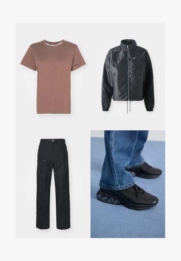 Čierna skrátená bunda s vysokým golierom, zipsovým uzatváraním, elastickými manžetami a bielym logom Nike. Hladká, lesklá tkanina s mierne textúrovaným povrchom.; The North Face ZUMU TEE - Tričko s potlačou - smokey brown; Čierne nohavice so strihom rovného nohavicu, vyrobené z textúrovanej tkaniny. Obsahujú dekoratívne strieborné kovanie a jedinečné detaily švov.; Čierne atletické tenisky s vrchným materiálom z elastického sieťového textilu, s textúrovanými akcentmi a viditeľnými vzduchovými podložkami v podrážke. Nosené s modrými džínsami.