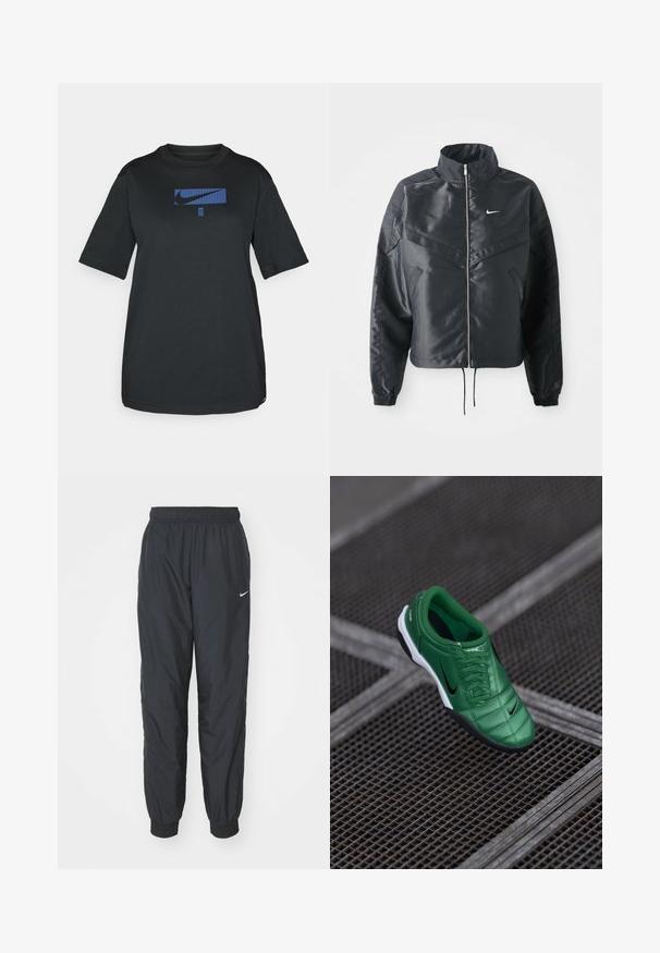 Crna kratka jakna s visokim ovratnikom, zatvaranjem na patentni zatvarač, elastinim rukavima i bijelim Nike logom. Glatka, sjajna tkanina s lagano teksturiranom površinom.; Crna pamučna majica s kratkim rukavima i okruglim izrezom. Ima plavi Nike logo na prednjoj strani unutar pravokutnog grafa.; Crne Nike trenirke izrađene od lagane tkanine, s elastičnom gumom u struku i na manžetama, s malim bijelim logom na lijevoj nozi.; Zelene sintetičke nogometne cipele s podstavljenom teksturom, crnim detaljima i elegantnim dizajnom. Imaju vezanje sprijeda i kontrastnu bijelu potplate.