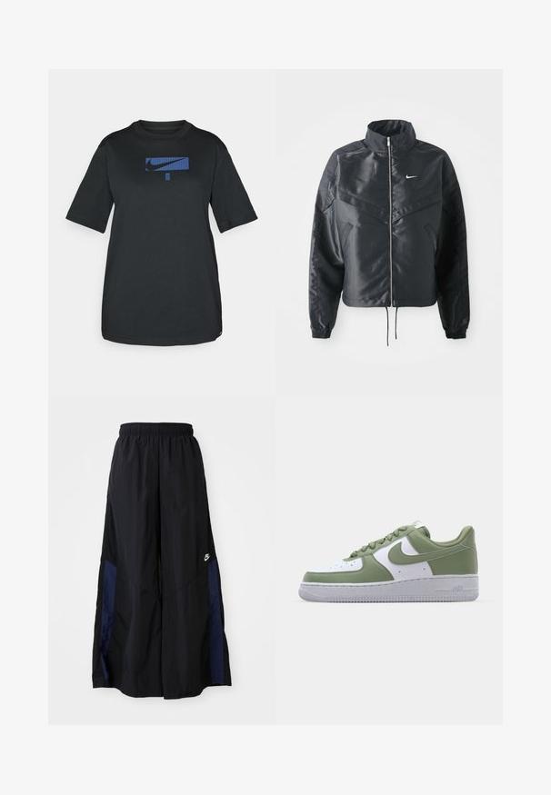Čierna skrátená bunda s vysokým golierom, zipsovým uzatváraním, elastickými manžetami a bielym logom Nike. Hladká, lesklá tkanina s mierne textúrovaným povrchom.; Čierne bavlnené tričko s krátkymi rukávmi a okrúhlym výstrihom. Obsahuje modré logo Nike na prednej strane v rámci obdĺžnikového grafického motívu.; Čierne voľné nohavice vyrobené z ľahkého materiálu, s námorníckym modrým postranným panelom a elastickým pásom. Malé biele logo na spodnej časti.; Nike Air Force 1 tenisky v zeleno-bielej koži. Nízkoprofilový dizajn, okrúhla špička, textúrovaná gumová podrážka a výrazný detail loga Swoosh.