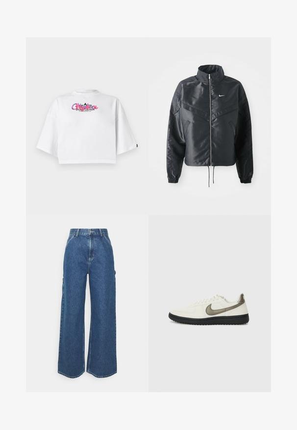 Svart cropped jakke med høy krage, glidelåsåpning, elastiske mansjetter og en hvit Nike-logo. Glatt, shiny stoff med en lett teksturert overflate.; Hvit kortermet T-skjorte med vide ermer og fargerik "Alpha Studio Edition" logo på brystet mot en enkel bakgrunn.; Videbeinete blå denimbukser med høy midje, kontraststing, og sidelommer, med et klassisk fem-lommers design og rå kanter.; Nike Sportswear FIELD GENERAL - Joggesko - off-white/black