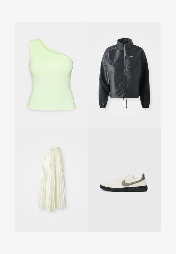 Giacca nera cropped con colletto alto, chiusura a zip, polsini in elastan e logo Nike bianco. Tessuto liscio e lucido con una superficie leggermente texturizzata.; Top asimmetrico a spalla unica in tessuto verde chiaro, design aderente con trama liscia, senza decorazioni né pattern.; Gonna midi plissettata in tessuto giallo chiaro, con una vita elasticizzata e un legaccio, texture liscia e righe verticali per un tocco di dettaglio.; Nike Sportswear FIELD GENERAL - Sneakers basse - off-white/black