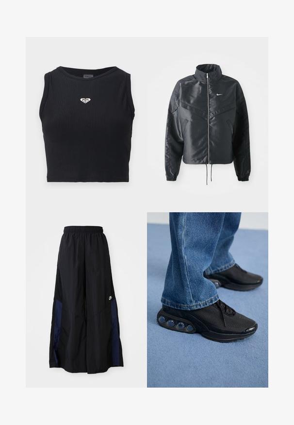 Jachetă croppată neagră cu guler înalt, închidere cu fermoar, manșete din elastan și un logo alb Nike. Material neted, lucios, cu o suprafață ușor texturată.; Top scurt negru cu dungi, cu un decolteu rotund, având un mic logo aurie în formă de inimă pe piept și un design ajustat. Materialul pare neted.; Pantaloni negri cu croi larg, confecționați dintr-un material ușor, având un panou lateral albastru marin și un brâu elastic. Logo mic alb în partea de jos.; Adidași sport negri cu parte superioară din plasă, accente texturate și capsule de amortizare vizibile în talpă. Purtați cu blugi albaștri.