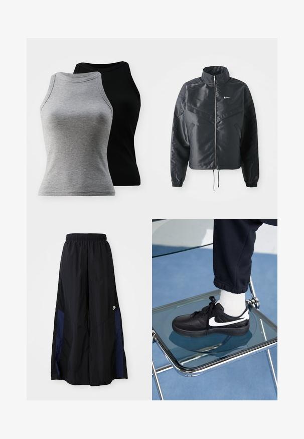 Giacca nera cropped con colletto alto, chiusura a zip, polsini in elastan e logo Nike bianco. Tessuto liscio e lucido con una superficie leggermente texturizzata.; Due top senza maniche in cotone a coste, disponibili in grigio e nero. Presentano un collo rotondo e una silhouette aderente, realizzati in un morbido misto cotone.; Pantaloni neri a gamba larga realizzati in tessuto leggero, con un pannello laterale blu navy e una cintura elastica. Piccolo logo bianco sul fondo.; Sneakers Nike neri con accenti bianchi, caratterizzati da una superficie in pelle liscia, design con lacci e punta rotonda, posizionati su una sedia di vetro.