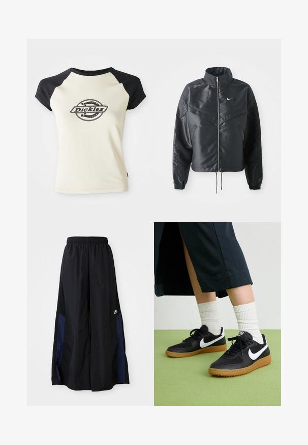Black cropped jacket with high collar, zip closure, elastane cuffs, and a white Nike logo. Smooth, shiny fabric with a slightly textured surface.; Cream t-shirt with black raglan sleeves featuring a circular logo with the text "Dickies" in the center, set against a white background.; Black wide-leg pants made of lightweight fabric, featuring a navy blue side panel and an elastic waistband. Small white logo on bottom.; Black leather and synthetic sneakers with white Nike swoosh, rubber gum sole, round toe, and black laces. Ribbed white socks visible.