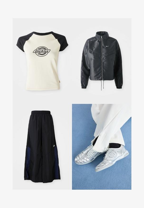 Fekete, rövidített dzseki magas gallérral, cipzáras záródással, elasztikus mandzsettákkal, és fehér Nike logóval. Simább, fényes anyag, enyhén textúrázott felülettel.; Krém színű póló fekete raglan ujjakkal, középen egy kör alakú logóval, amelyen a "Dickies" felirat szerepel, fehér háttér előtt.; Fekete, bő szárú nadrág könnyű anyagból, tengerészkék oldalsó panellel és elasztikus derékkal. Kicsi fehér logó az alján.; Ezüst sportcipők sima, fényes felülettel, varrott mintázattal és a 90-es számmal az oldalán, fehér nadrággal párosítva.