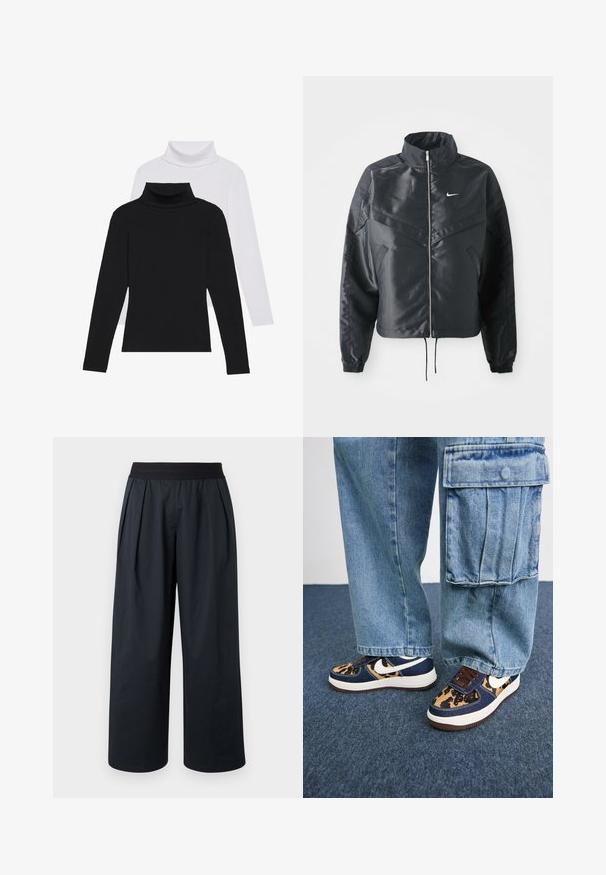Zwarte cropped jack met hoge kraag, ritsluiting, elastische manchetten en een wit Nike-logo. Glad, glanzend materiaal met een licht gestructureerd oppervlak.; Zwart-witte longsleeve turtlenecks gestapeld, gemaakt van ribbelstof, met getailleerde vormen en hoge collen.; Zwarte broek met wijde pijpen, geplooide voorkant, elastische tailleband en gladde stoftextuur. Voorzien van een losse pasvorm en cropped lengte.; Marineblauwe sneakers met een luipaardprint-accent, witte Nike swoosh, bruine veters en een witte tussenzool. Gepaarde met lichte denim cargo-broeken.