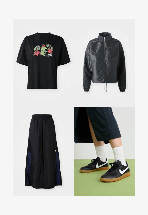 Black cropped jacket with high collar, zip closure, elastane cuffs, and a white Nike logo. Smooth, shiny fabric with a slightly textured surface.; Black short-sleeve t-shirt featuring a colorful fruit and leaf graphic at the front, with printed text "Cargart WIP Cream of the crop."; Black wide-leg pants made of lightweight fabric, featuring a navy blue side panel and an elastic waistband. Small white logo on bottom.; Black leather and synthetic sneakers with white Nike swoosh, rubber gum sole, round toe, and black laces. Ribbed white socks visible.