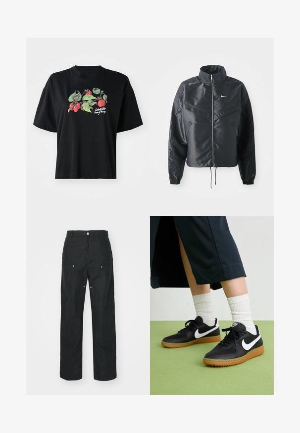Black cropped jacket with high collar, zip closure, elastane cuffs, and a white Nike logo. Smooth, shiny fabric with a slightly textured surface.; Black short-sleeve t-shirt featuring a colorful fruit and leaf graphic at the front, with printed text "Cargart WIP Cream of the crop."; Black trousers with a straight-leg design, made of a textured fabric. Features decorative silver hardware and unique seam detailing.; Black leather and synthetic sneakers with white Nike swoosh, rubber gum sole, round toe, and black laces. Ribbed white socks visible.