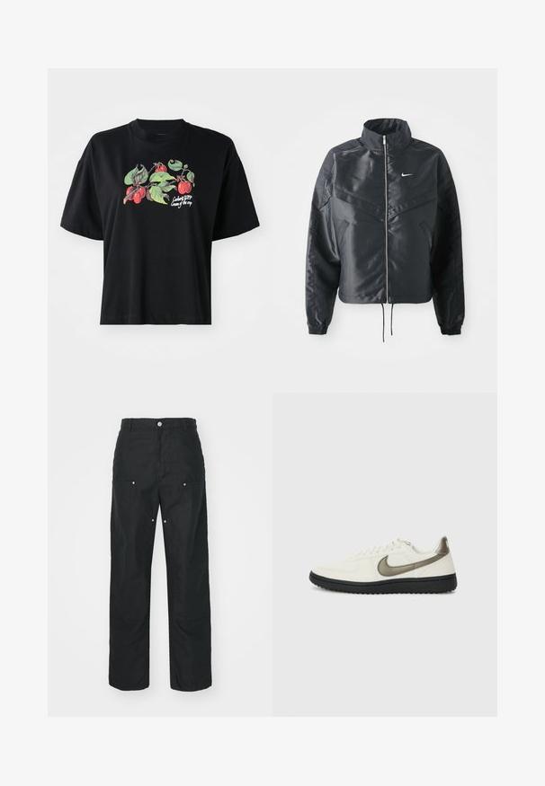 Giacca nera cropped con colletto alto, chiusura a zip, polsini in elastan e logo Nike bianco. Tessuto liscio e lucido con una superficie leggermente texturizzata.; T-shirt nera a maniche corte con una grafica colorata di frutta e foglie sul davanti, con la scritta stampata "Cargart WIP Cream of the crop."; Pantaloni neri con design a gamba dritta, realizzati in un tessuto texturizzato. Presentano dettagli decorativi in argento e una cucitura unica.; Nike Sportswear FIELD GENERAL - Sneakers basse - off-white/black