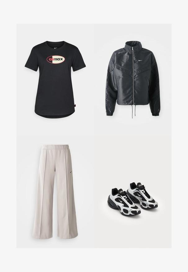Juoda trumpa striukė su aukštu coloru, užtrauktuku, elastaniniu rankogaliu ir balta Nike logotipu. Lygus, blizgus audinys su šiek tiek tekstūruotu paviršiumi.; Juodas medvilninis marškinėliai su apvaliu iškirpimu, trumpomis rankovėmis ir centriniu "airmax" logotipu raudonos ir kremų spalvų priekyje.; Šviesiai pilki plačių kojų kelnės, pagamintos iš lygaus audinio. Turi elastingą juosmenį ir juodą Nike logotipą kairėje pusėje.; Juodos ir sidabrinės sportinės bateliai, su tinkline ir sintetine viršutine dalimi, išsiskiriantys unikaliu banginiu dizainu ir paminkštinta apykakle, su oro pagalvėmis pado viduje.