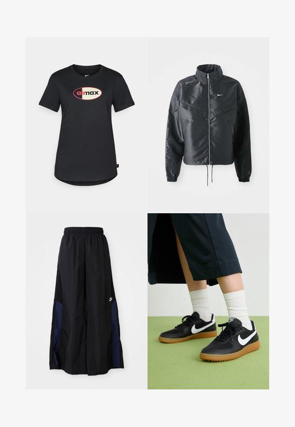 Črna skrajšana jakna z visokim ovratnikom, zadrgo, elastan rokavi in belim logotipom Nike. Gladek, sijoč material z rahlo teksturirano površino.; Črna bombažna majica s kratkimi rokavi in okroglo izrezom, na sprednji strani pa se nahaja centralna »airmax« oznaka v rdeči in smetanasti barvi.; Črne široke hlače iz lahkega materiala, z morsko modrim stranskim panelom in elastičnim pasom. Majhna bela oznaka na dnu.; Črne usnjene in sintetične superge z belim Nike swooshom, gumo na podplatu, okroglo konico ter črnimi vezalkami. Vidne so rebraste bele nogavice.