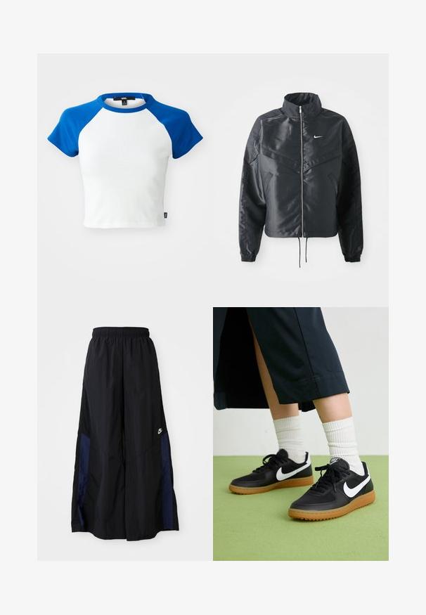 Černá zkrácená bunda s vysokým límcem, zipovým zapínáním, elastickými manžetami a bílým logem Nike. Hladká, lesklá látka s mírně strukturovaným povrchem.; Krátký rukáv, zkrácený tričko s bílým tělem a modrými raglánovými rukávy. Vyrobeno ze 100% bavlny, s kulatým výstřihem a prošívaným lemem.; Černé kalhoty širokého střihu vyrobené z lehkého materiálu, s námořnickou modrou bočním panelem a elastickým pasem. Malé bílé logo na spodní části.; Černé kožené a syntetické tenisky s bílým logem Nike, gumovou podrážkou, kulatou špičkou a černými tkaničkami. Viditelné žebrované bílé ponožky.