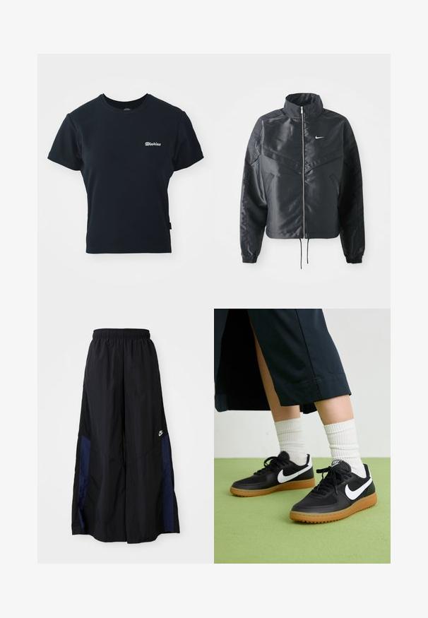 Casaco preto curto com colarinho alto, fecho de zip, punhos em elastano e um logótipo Nike branco. Tecido suave e brilhante com uma superfície ligeiramente texturizada.; T-shirt preta de algodão com mangas curtas, decote redondo e pequeno logotipo branco bordado no peito. Design clássico e ajustado.; Calças largas pretas feitas de tecido leve, com um painel lateral azul-marinho e cintura elástica. Pequeno logótipo branco na parte inferior.; Sapatilhas pretas em couro e sintético com o logo da Nike em branco, sola de borracha tipo goma, bico redondo e atacadores pretos. Meias brancas com frunces visíveis.