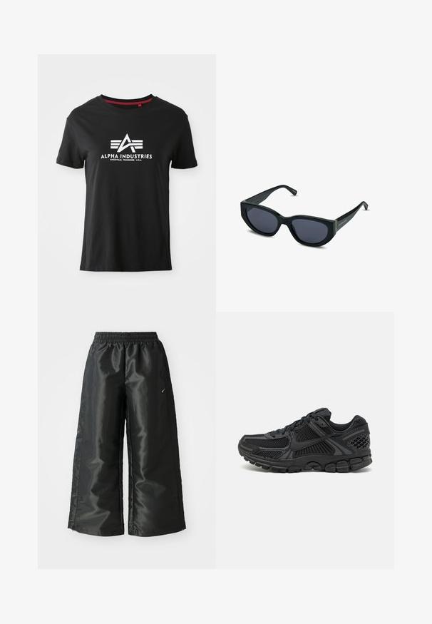 Czarna krótka kurtka z wysokim kołnierzem, zamek błyskawiczny, ściągacze z elastanu i białe logo Nike. Gładki, błyszczący materiał o lekko teksturowanej powierzchni.; Czarna bawełniana koszulka z okrągłym dekoltem i krótkimi rękawami. Na przodzie znajduje się wyraźne białe logo z stylizowanymi literami i akcentującymi liniami.; Czarne spodnie sportowe z błyszczącego, gładkiego materiału, z elastycznym paskiem w talii, szerokimi nogawkami i małym logo po lewej stronie.; Czarny but sportowy z siateczkową cholewką, gumową podeszwą i textured akcentami. Projekt obejmuje wyraźny system sznurowania oraz amortyzującą podeszwę.; Czarne okulary przeciwsłoneczne o kanciastym designie w stylu kociego oka, z ciemnymi soczewkami, błyszczącymi plastikowymi ramkami i subtelnym złotym akcentem na ramionach.