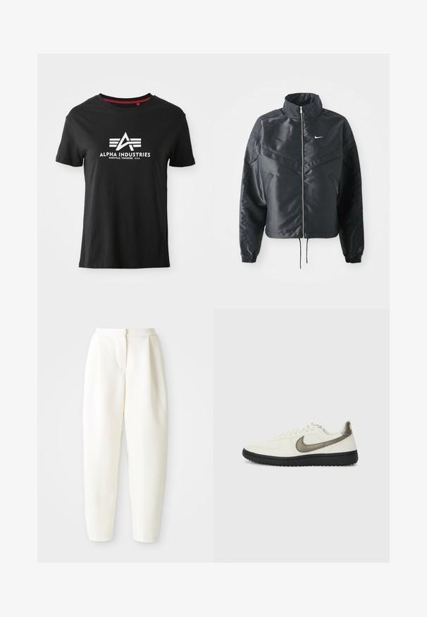 Fekete, rövidített dzseki magas gallérral, cipzáras záródással, elasztikus mandzsettákkal, és fehér Nike logóval. Simább, fényes anyag, enyhén textúrázott felülettel.; Fekete pamut póló kerek nyakkivágással és rövid ujjakkal. Az elején kiemelkedő fehér logó található stilizált betűkkel és díszvonalakkal.; Magas derékú, tapered fehér nadrág, rejtett elülső záródással és oldalsó zsebekkel, sima fehér háttér előtt bemutatva.; Nike Sportswear FIELD GENERAL - Sportcipő - off-white/black