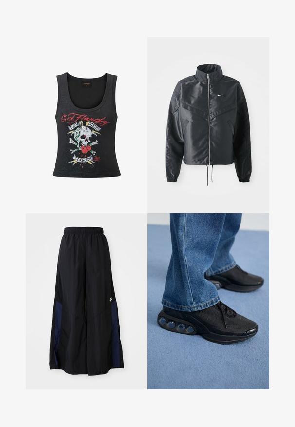 Mustat lyhyet takit, joissa on korkea kaulus, vetoketjukiinnitys, elastaanista valmistetut hihan suut ja valkoinen Nike-logo. Sileä, kiiltävä kangas, jossa on hieman tekstuuria.; Mustat hihattomat topit, joissa on rohkea pääkallo ja ristiluut -grafiikka sydämen, moniväristen yksityiskohtien ja "Love Dies Hard" -tekstin kanssa.; Musta leveälahkeinen housu, joka on valmistettu kevyestä kankaasta. Housuissa on tummansininen sivupaneeli ja joustava vyötärö. Alhaalla on pieni valkoinen logo.; Mustat urheilukengät, joissa on verkkomateriaali, teksturoituja yksityiskohtia ja näkyvät ilmatyynyllä varustetut pohjat. Yhdistettynä sinisiin farkkuihin.