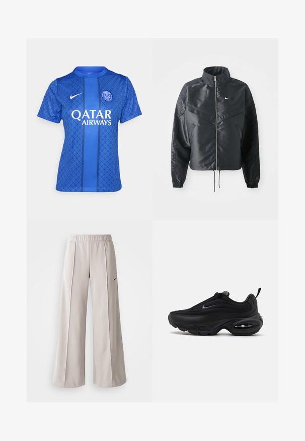 Svart cropped jakke med høy krage, glidelåsåpning, elastiske mansjetter og en hvit Nike-logo. Glatt, shiny stoff med en lett teksturert overflate.; Blå fotballdrakt med geometrisk mønster, rund hals, korte ermer og merker fra Nike og Qatar Airways.; Lys grå vide bukser lavet af glat stof. Har en elastisk talje og sort Nike-logo på venstre side.; Svart atletisk sko med en jevn, teksturert overdel. Har rund tå, polstret krage og synlig luftputefor i sålen.