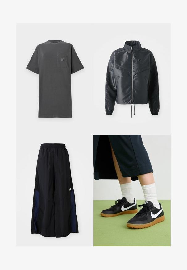 Black cropped jacket with high collar, zip closure, elastane cuffs, and a white Nike logo. Smooth, shiny fabric with a slightly textured surface.; Gray cotton t-shirt with a loose fit, round neckline, short sleeves, and a chest pocket featuring a small logo patch.; Black wide-leg pants made of lightweight fabric, featuring a navy blue side panel and an elastic waistband. Small white logo on bottom.; Black leather and synthetic sneakers with white Nike swoosh, rubber gum sole, round toe, and black laces. Ribbed white socks visible.