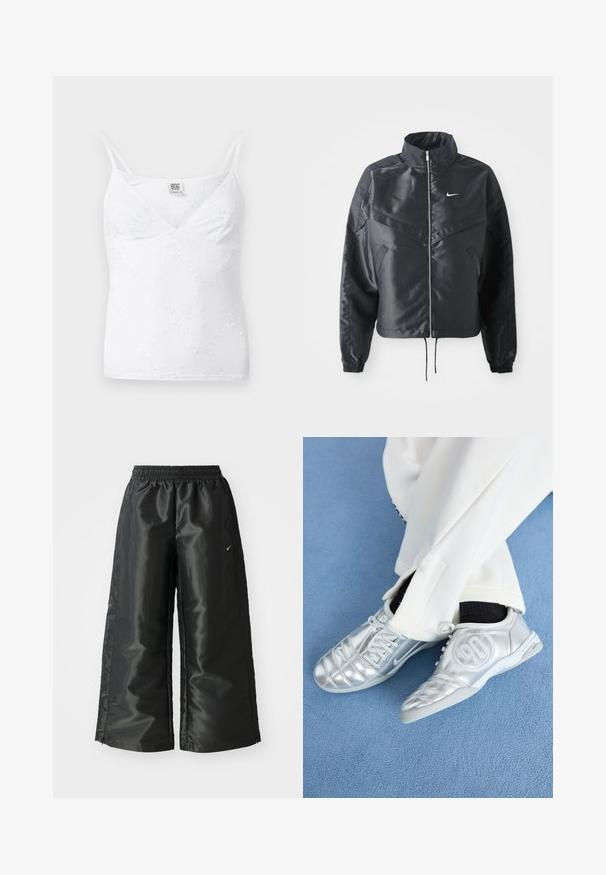 Melna apgriezta jaka ar augstu apkakli, rāvējslēdzēja aizdari, elastīna aprocēm un baltu Nike logo. Gluda, spīdīga auduma ar nedaudz teksturētu virsmu.; Balta kamzole ar V veida kaklu, plānām regulējamām lencēm un delikātu ziedu izšuvumu visā audumā. Gluda, viegla tekstūra.; Melnas sporta bikses ar spīdīgu, gludu audumu, aprīkotas ar elastīgu jostu, platām kājām un mazu logotipu kreisajā pusē.; Sudraba sporta apavi ar gludu, spīdīgu apdari, ar šūtu dizainu un numuru 90 sānos, apvienoti ar baltām biksēm.