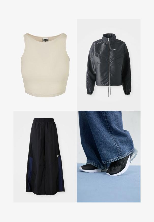 Melna apgriezta jaka ar augstu apkakli, rāvējslēdzēja aizdari, elastīna aprocēm un baltu Nike logo. Gluda, spīdīga auduma ar nedaudz teksturētu virsmu.; Bežs ribots īsais tops ar apaļu kakla izgriezumu un bez piedurknēm. Tam ir vienkārša tekstūra un diskrēta zīmola uzlīme kakla iekšpusē.; Melni plata kāju bikses no viegla auduma, ar tumši zilu sānu paneli un elastīgu jostu. Mazs balts logotips apakšā.; Melni sporta apavi ar sietiņu detaļām, baltu zoli un redzamu gaisa amortizāciju, saskaņoti ar zilu džinsiem ar platajiem galiem.